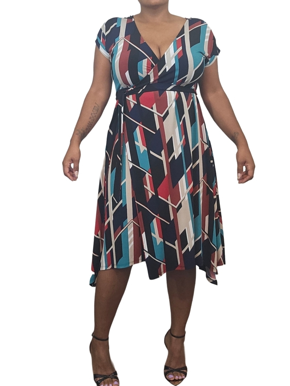 Motherhood Geometric Wrap Midi Dress in Navy, Teal, Burgundy and Cream